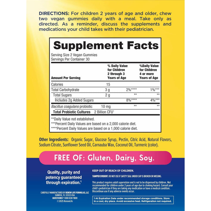 Renew Life Kids Probiotic Gummies, Daily Supplement Supports Overall Health and Optimal Digestion, Dairy and Soy Free, 2 Billion CFU, 60 Count - Supplement Facts panel