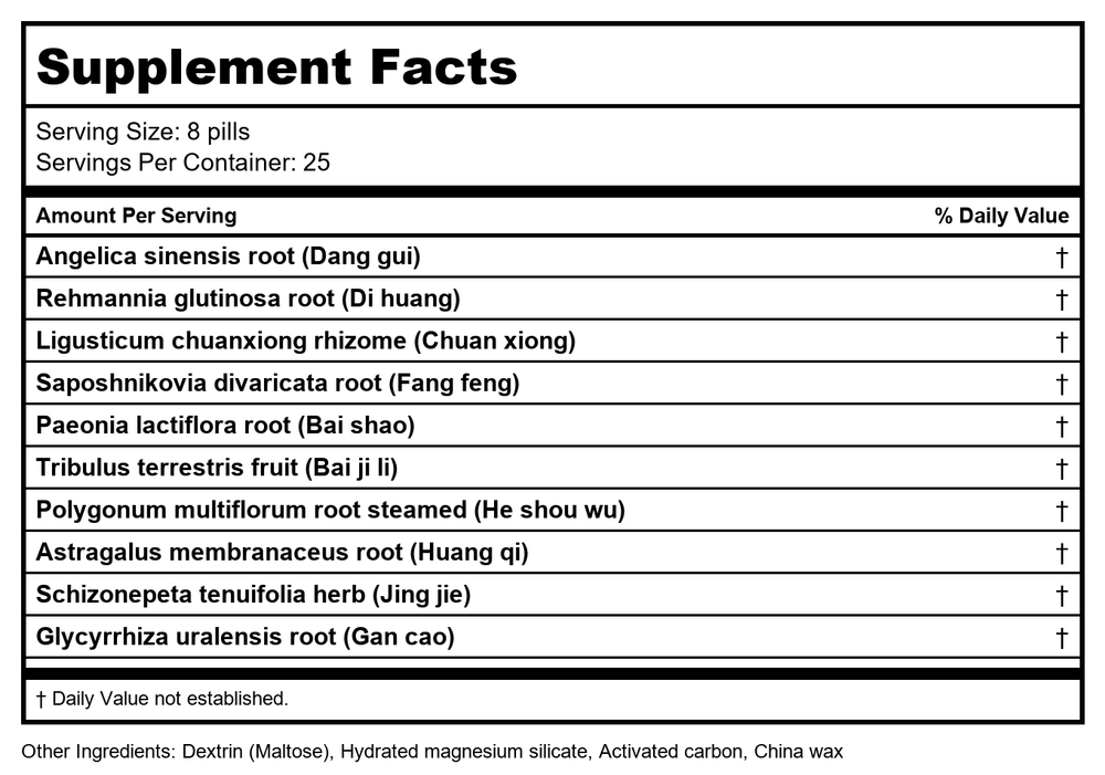 Nourish the Surface Teapills (Dang Gui Yin Zi Wan), 200 ct, Plum Flower by MayWay - Supplement Facts panel