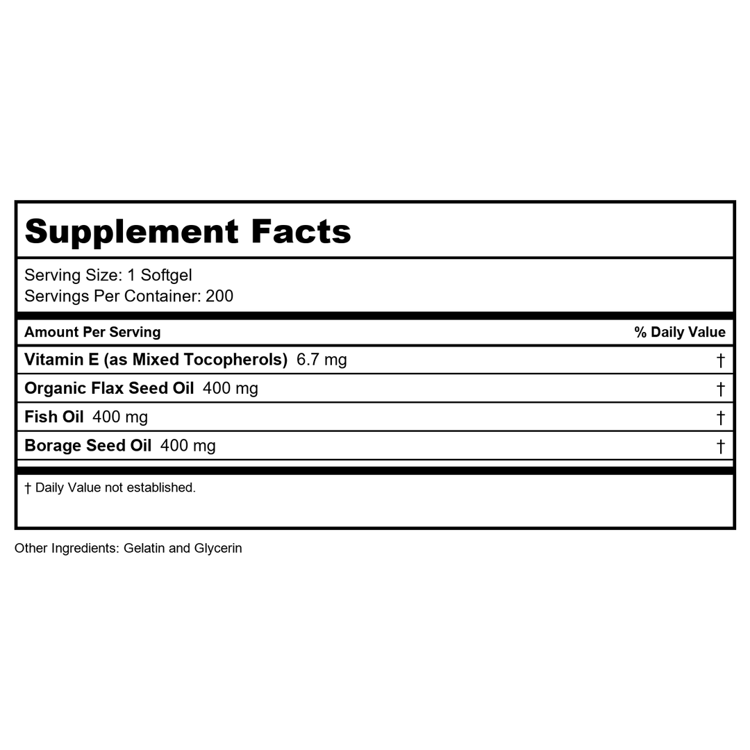 KAL Ultra Omega 3-6-9 1200mg | Fish Oil w/Cold Pressed Flaxseed &amp; Borage Oil | Skin, Hair, Heart, Memory | 200 Softgels - Supplement Facts panel