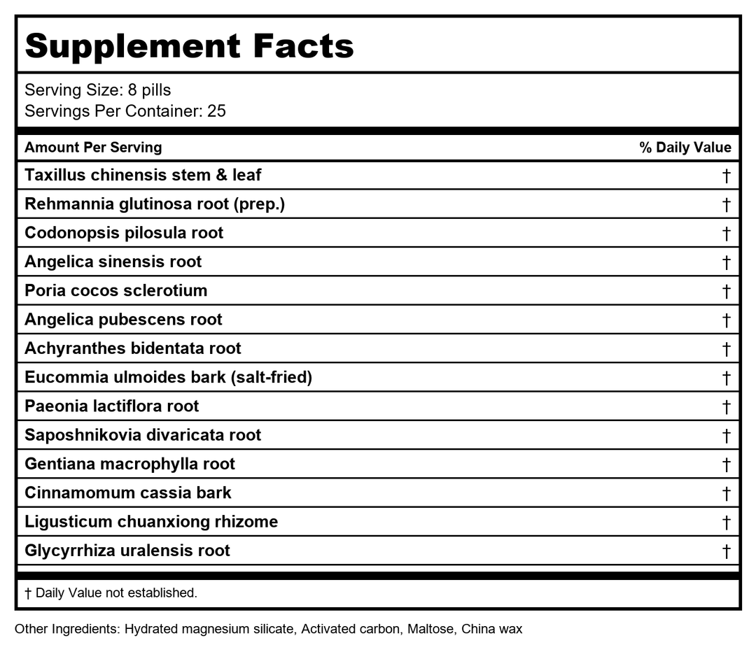 Plum Flower Solitary Hermit Teapills, Du Huo Ji Sheng Wan, 200 Pills by MayWay - Supplement Facts panel