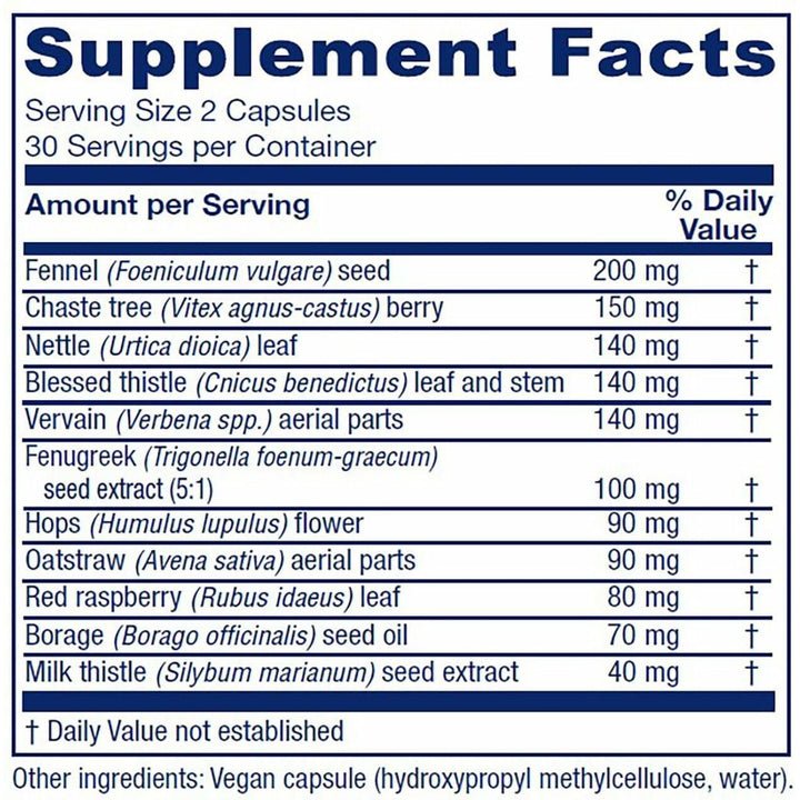 Vitanica Lactation Blend, Lactation Supplement, Breastfeeding Support Increase Breast Milk Supply and Flow, Organic Fennel, Milk Thistle, Fenugreek Seed and More, Non-GMO, Vegan, 60 Capsules - Supplement Facts panel
