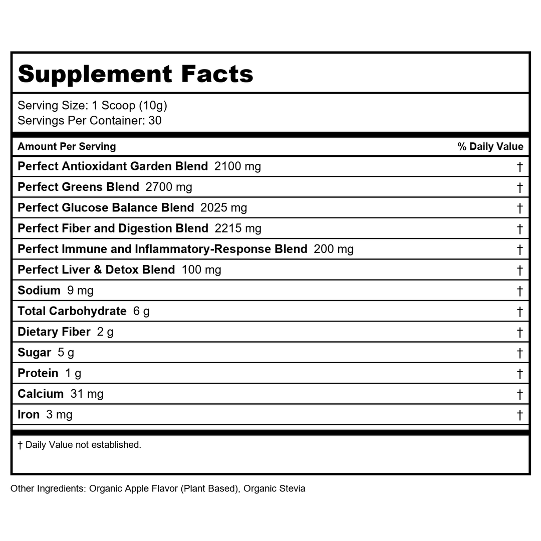 Perfect Greens Formula, 30 scoops. BLENDS: Juice, Garden, Glucose, Fiber, Priobiotic, Digestive, Anti-Inflammatory, Antioxident, Detox &amp; more - Supplement Facts panel