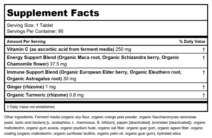 New Chapter® Vitamin C Immune Defense Supplement + Elderberry – Excellent Source of Vitamin C, One Daily Tablet for Healthy Immune Support, Made with Organic Herbs, Non-GMO, Gluten Free, 90 ct - Supplement Facts panel