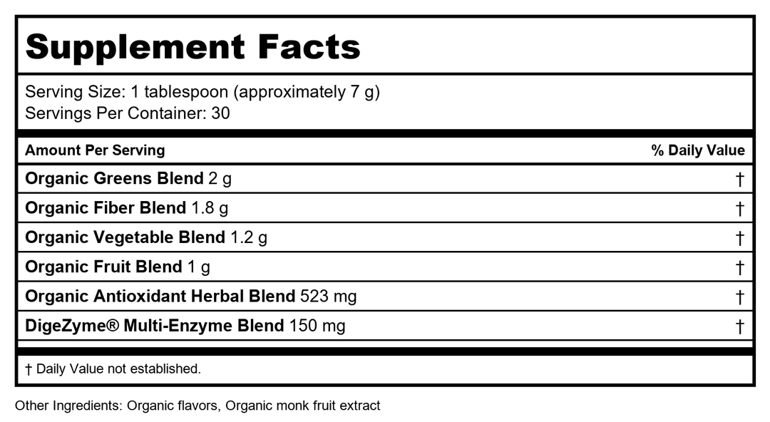 New Chapter All-Flora Digestive Super Greens Powder for Gut Health - Clinical-Strength Digestive Enzymes + USDA Organic Chlorella, Spirulina, Fermented Greens – Delicious &amp; 100% Vegan, 30 Servings - Supplement Facts panel