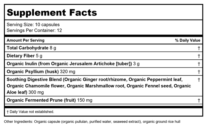 New Chapter All-Flora Multi-Fiber Supplement with Clinically Studied Prebiotic Inulin + Psyllium Husk for Digestion &amp; Gut Health, Good Source of Daily Fiber, USDA Organic, 100% Vegan, 120 Count - Supplement Facts panel