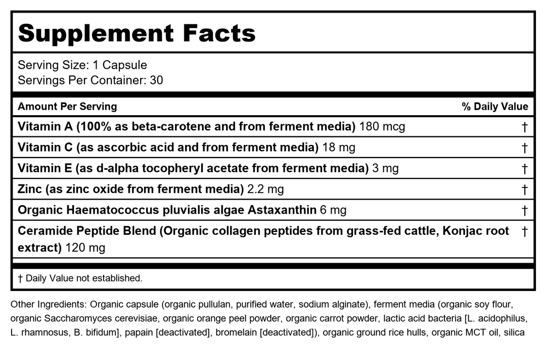 New Chapter Daily Skin Renewal Supplement, Clinical-Strength Astaxanthin for Youthful Skin Care + Collagen Protection with Vitamin C, Vitamin A, E &amp; Zinc - 30 Capsules - Supplement Facts panel