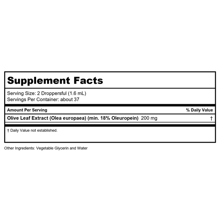 NOW Supplements, Olive Leaf Glycerite Liquid, 18% Oleuropein, Dropper Included, Free Radical Scavenger*, 2-Ounce (Pack of 2) - Supplement Facts panel