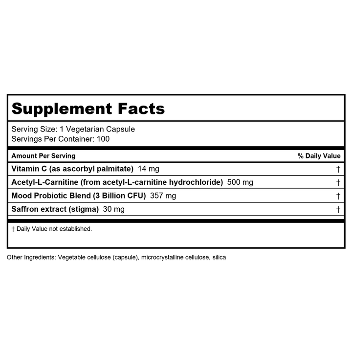 Life Extension Acetyl-L-Carnitine, Acetyl-L-Carnitine, Vitamin C, Brain, Mood &amp; Nerve Health, Cellular Energy, 3-Month Supply, Gluten-Free, Non-GMO, Vegetarian, 100 Capsules - Supplement Facts panel