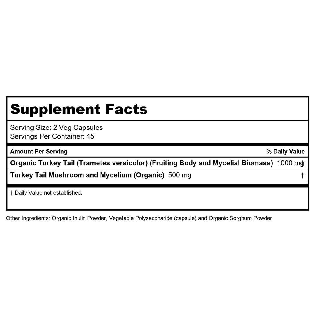 Now Foods Supplements, Turkey Tail 500 mg, Super Mushroom, Made with Organic Turkey Tail Mushroom and Mycelium, 90 Veg Capsules - Supplement Facts panel