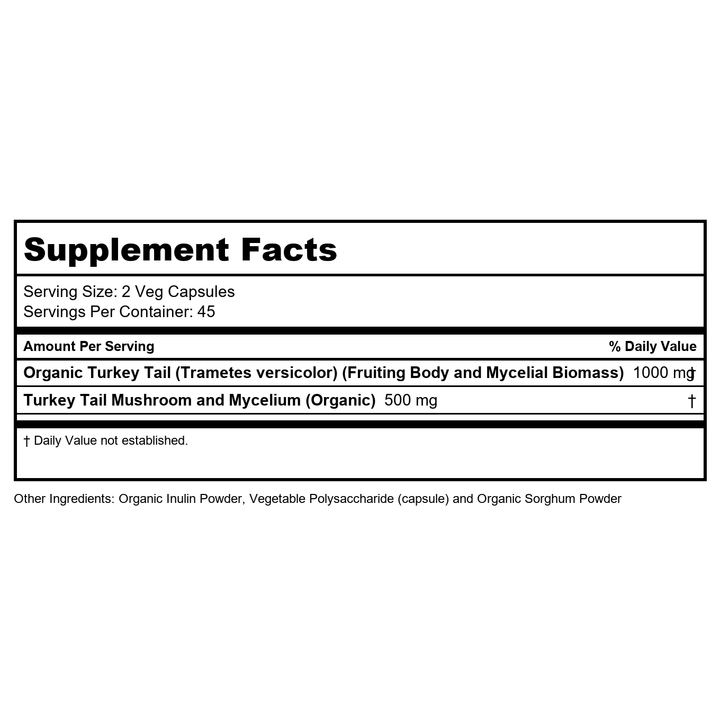 Now Foods Supplements, Turkey Tail 500 mg, Super Mushroom, Made with Organic Turkey Tail Mushroom and Mycelium, 90 Veg Capsules - Supplement Facts panel
