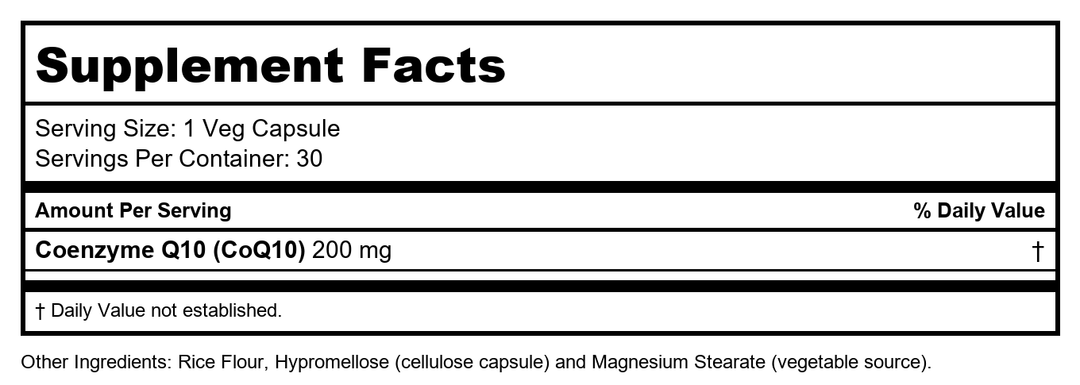 Protocol CoQ10 200 mg - for Heart Health* - Heart Supplements for Men &amp; Women* - Vegan &amp; Non-GMO - 30 Veg Capsules - Supplement Facts panel
