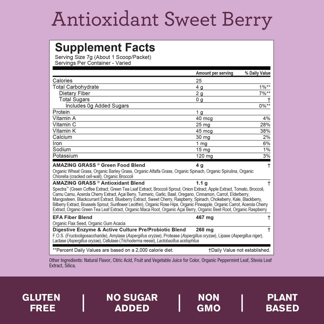 Amazing Grass Green Superfood Antioxidant: Super Greens Powder with Spirulina, Elderberry &amp; Probiotics, Sweet Berry, 15 Servings - Supplement Facts panel