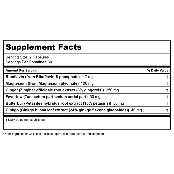 Biogenesis Ultra Migra-Clear Veg Capsules, 120 Count - Supplement Facts panel