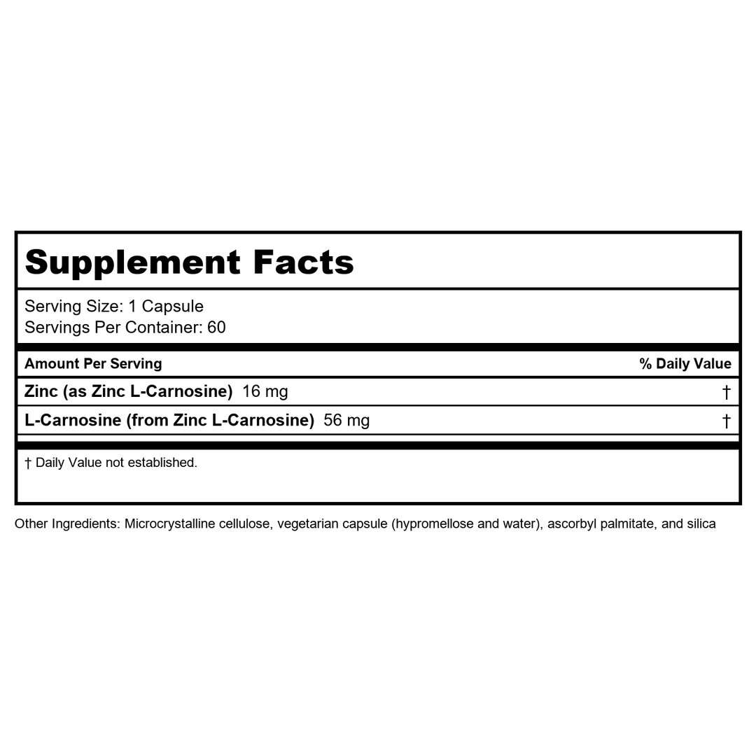 Seeking Health Zinc Carnosine - Digestive Health &amp; Immune System Support Supplement - Zinc L-Carnosine Capsules for Antioxidant Support - 60 Capsules - Supplement Facts panel