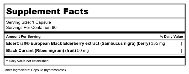 New Chapter Vegan Elderberry Capsules with 64x Concentrated Black Elderberry + Black Currant for Comprehensive Immune Support, Non-GMO Project Verified, Gluten Free, Certified Vegan, 60 Count - Supplement Facts panel
