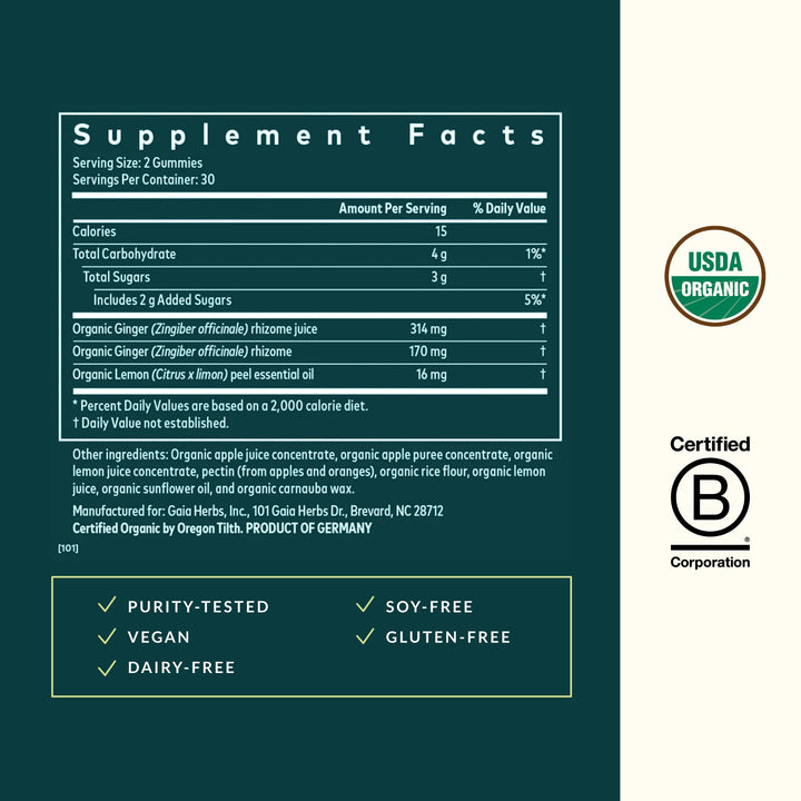 Gaia Herbs Nausea Gummies - Relieves Occasional Nausea* - with Ginger &amp; Lemon - Ginger Flavor - 60 Vegan Gummies (30 Servings) - Supplement Facts panel