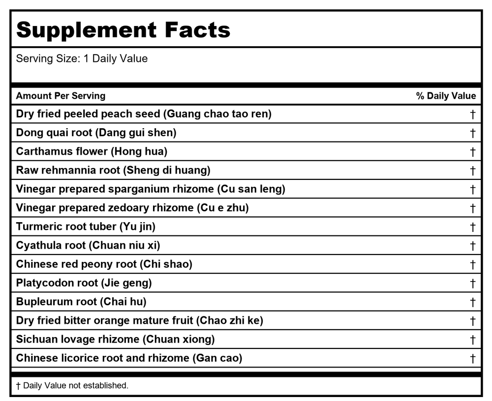 Kan Herb Company Dispel Stasis in the Palace of Blood Traditional Chinese Herbal Blend for Pets - Supplement Facts panel