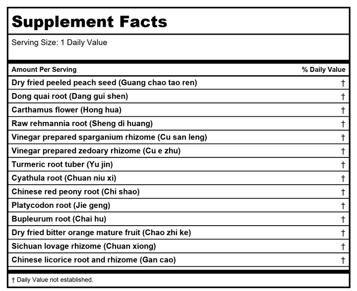 Kan Herb Company Dispel Stasis in the Palace of Blood Traditional Chinese Herbal Blend for Pets - Supplement Facts panel