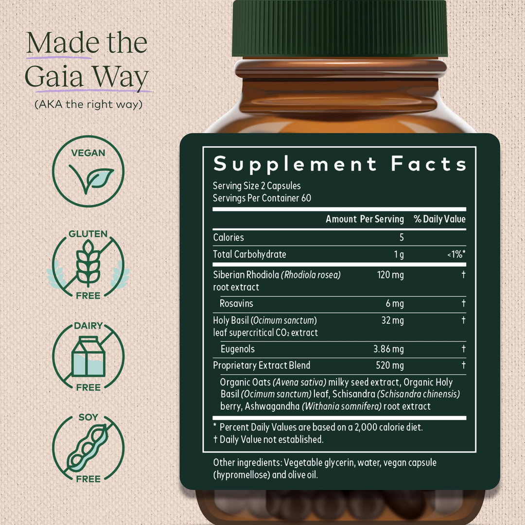 Gaia Herbs Adrenal Health Daily Support with Ashwagandha, Holy Basil &amp; Schisandra - Supplement Facts panel