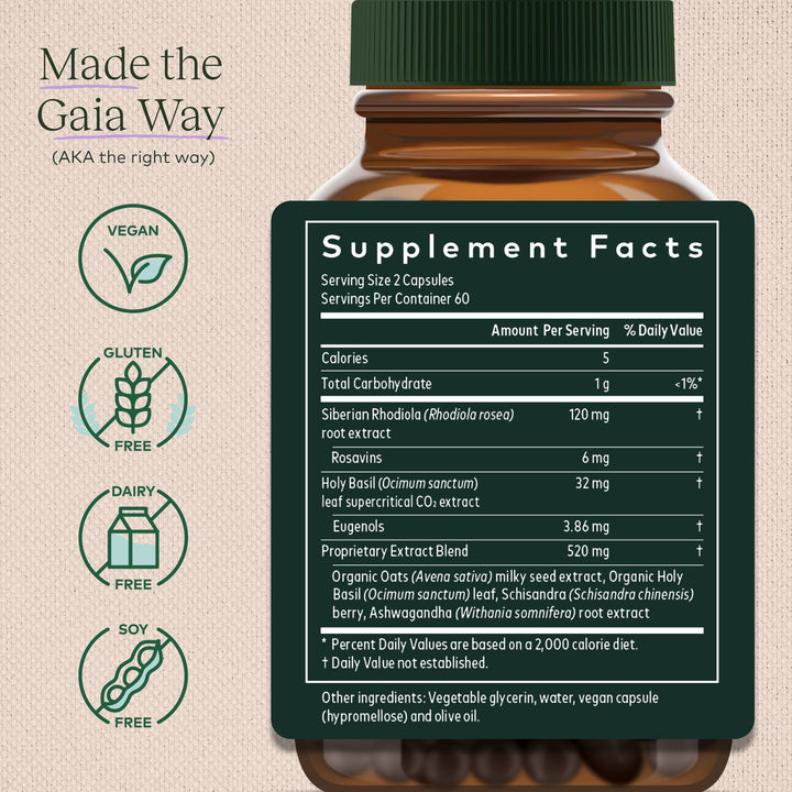 Gaia Herbs Adrenal Health Daily Support with Ashwagandha, Holy Basil &amp; Schisandra - Supplement Facts panel