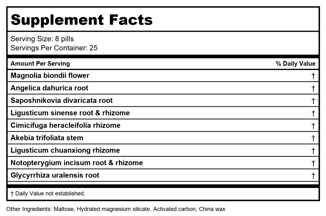Plum Flower Magnolia Flower Teapills (Xin Yi Wan) - 200 Pills Brand by MayWay - Supplement Facts panel