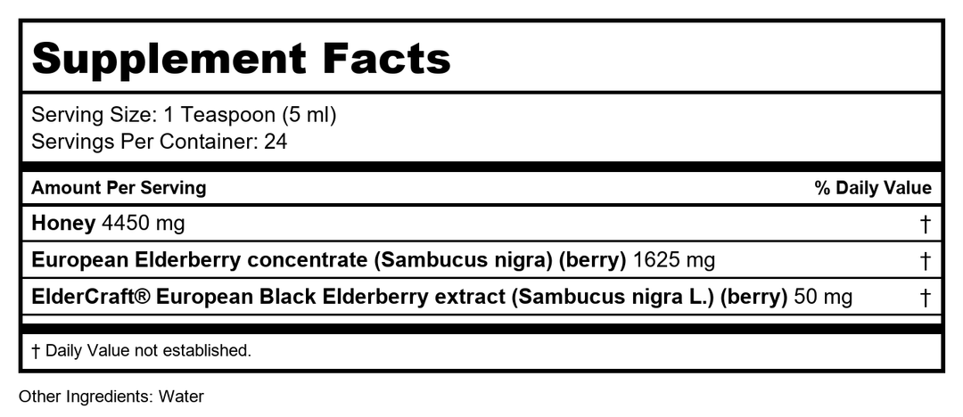 New Chapter Elderberry Syrup, 24 Servings, Immune Defense for Adults &amp; Kids (2+), 64x Concentrated Black Elderberry + Throat-Soothing Grade A Honey, Non-GMO Project Verified, Gluten Free - Supplement Facts panel