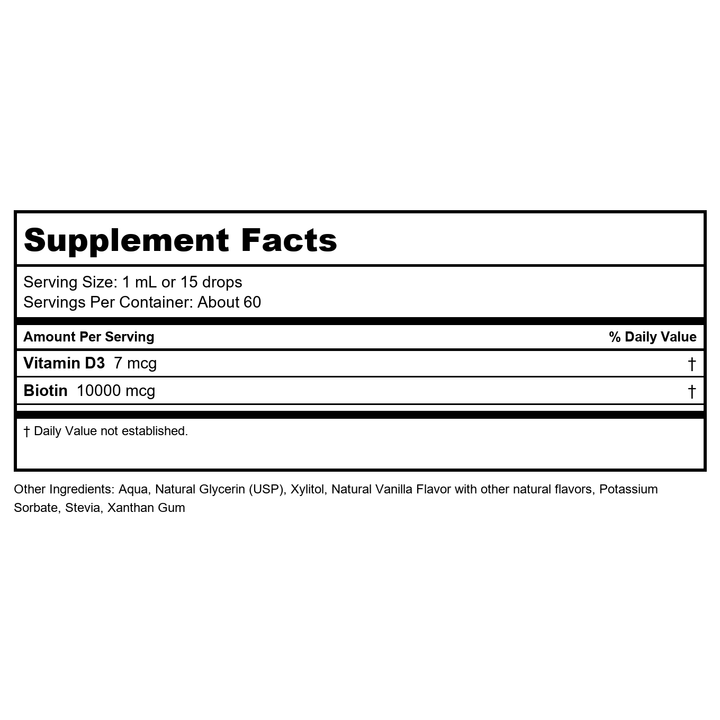 Life-Flo Biotin 10000mcg Drops with Vitamin D3, High Potency Liquid Biotin Supplement, Healthy Hair, Skin and Nails Support, Natural Vanilla Flavor, Vegetarian, 60-Day Guarantee, Approx. 60 Serv, 2oz - Supplement Facts panel