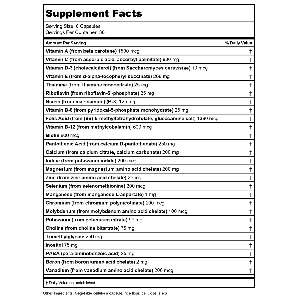 BioGenesis- Ultra Genesis w/o Iron/Copper 180vcaps - Supplement Facts panel
