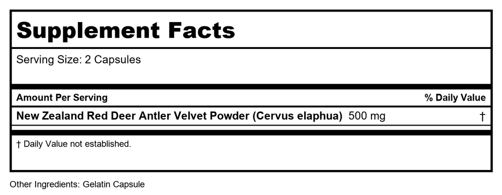 Action Labs, Buck Power Deer Antler Velvet, 60 Caps - Supplement Facts panel