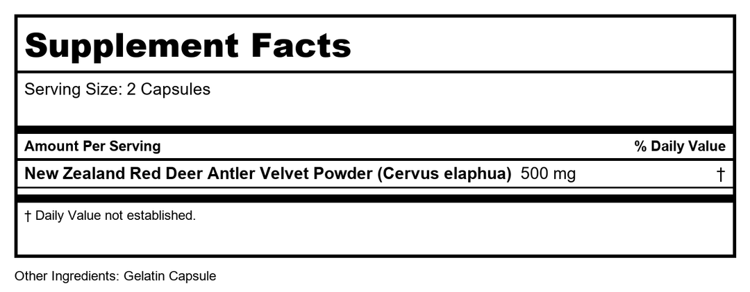 Action Labs, Buck Power Deer Antler Velvet, 60 Caps - Supplement Facts panel