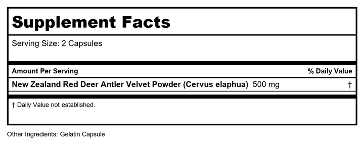Action Labs, Buck Power Deer Antler Velvet, 60 Caps - Supplement Facts panel