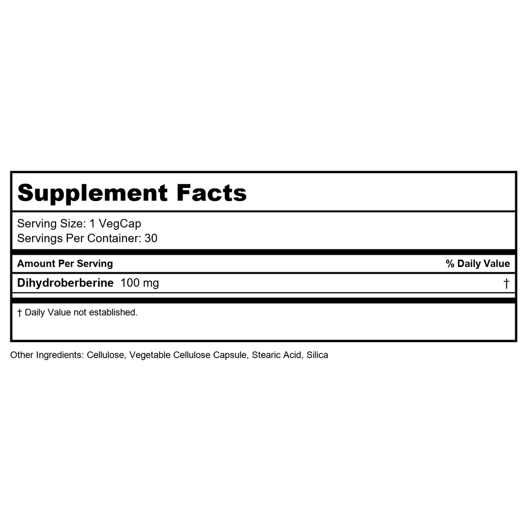 ZHOU Dihydroberberine 100 mg Supplement for Women &amp; Men - Enhanced Form of Berberine, Dihydroberberine 100mg Capsules, Natural Energy &amp; Cardiovascular Health Support, Vegan, Non GMO - 30 Caps - Supplement Facts panel