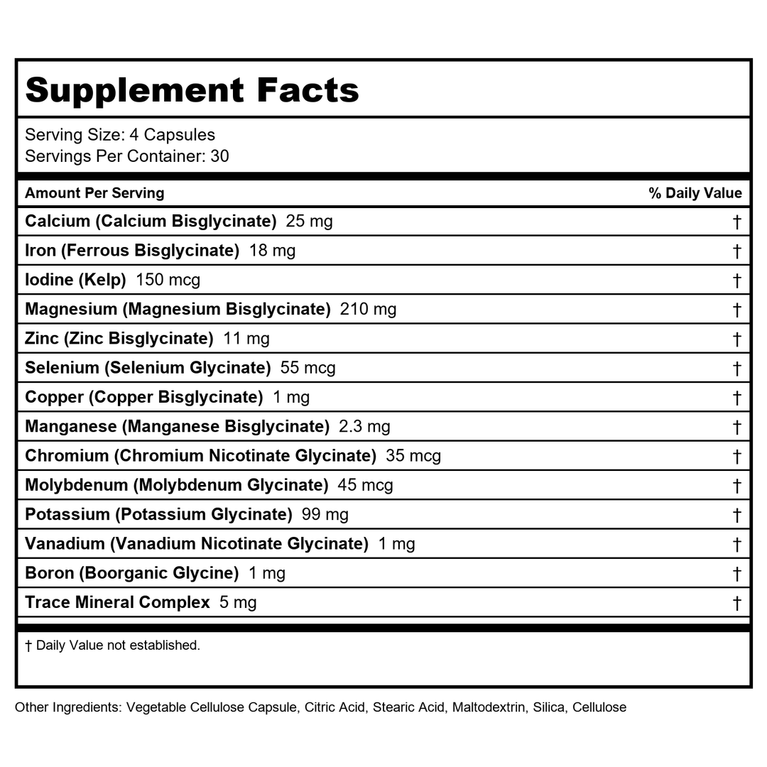 KAL Total Mineral Plus Capsules - Minerals and Trace Minerals for Strong Bones, Immune Support w/Magnesium Glycinate, Zinc, Calcium, Selenium, Iron and More - Vegan, Non-GMO, Gluten-Free, 30 Servings - Supplement Facts panel