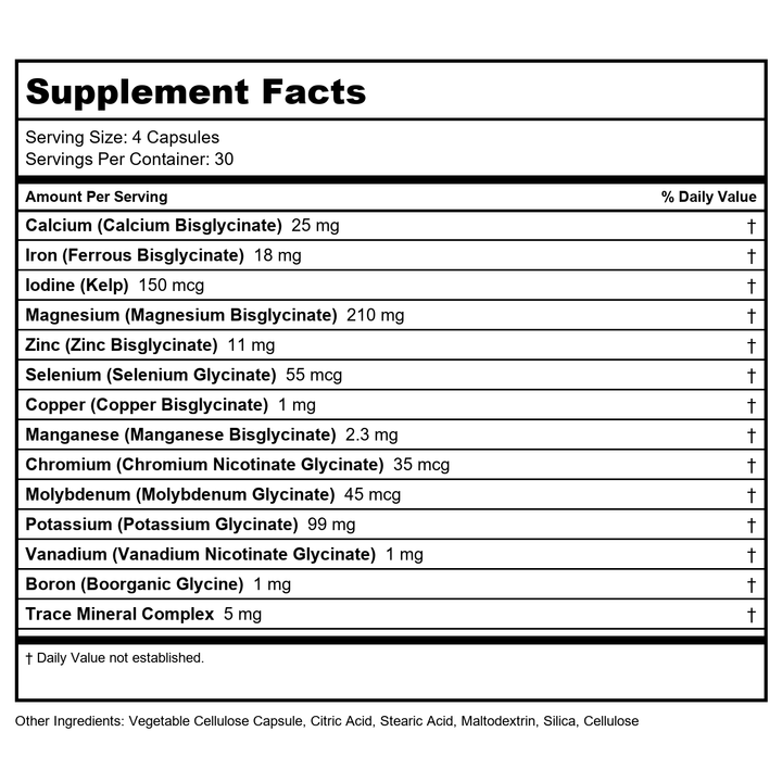 KAL Total Mineral Plus Capsules - Minerals and Trace Minerals for Strong Bones, Immune Support w/Magnesium Glycinate, Zinc, Calcium, Selenium, Iron and More - Vegan, Non-GMO, Gluten-Free, 30 Servings - Supplement Facts panel