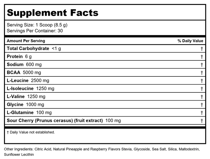 ZHOU Muscle BCAA - Vegan BCAA Powder, BCAA Supplements for Men &amp; Women, Support Muscle Health, Drink for Energy, All Natural Branched Chain Aminos - Tropical Punch, 11.6 oz (30 Servings) - Supplement Facts panel