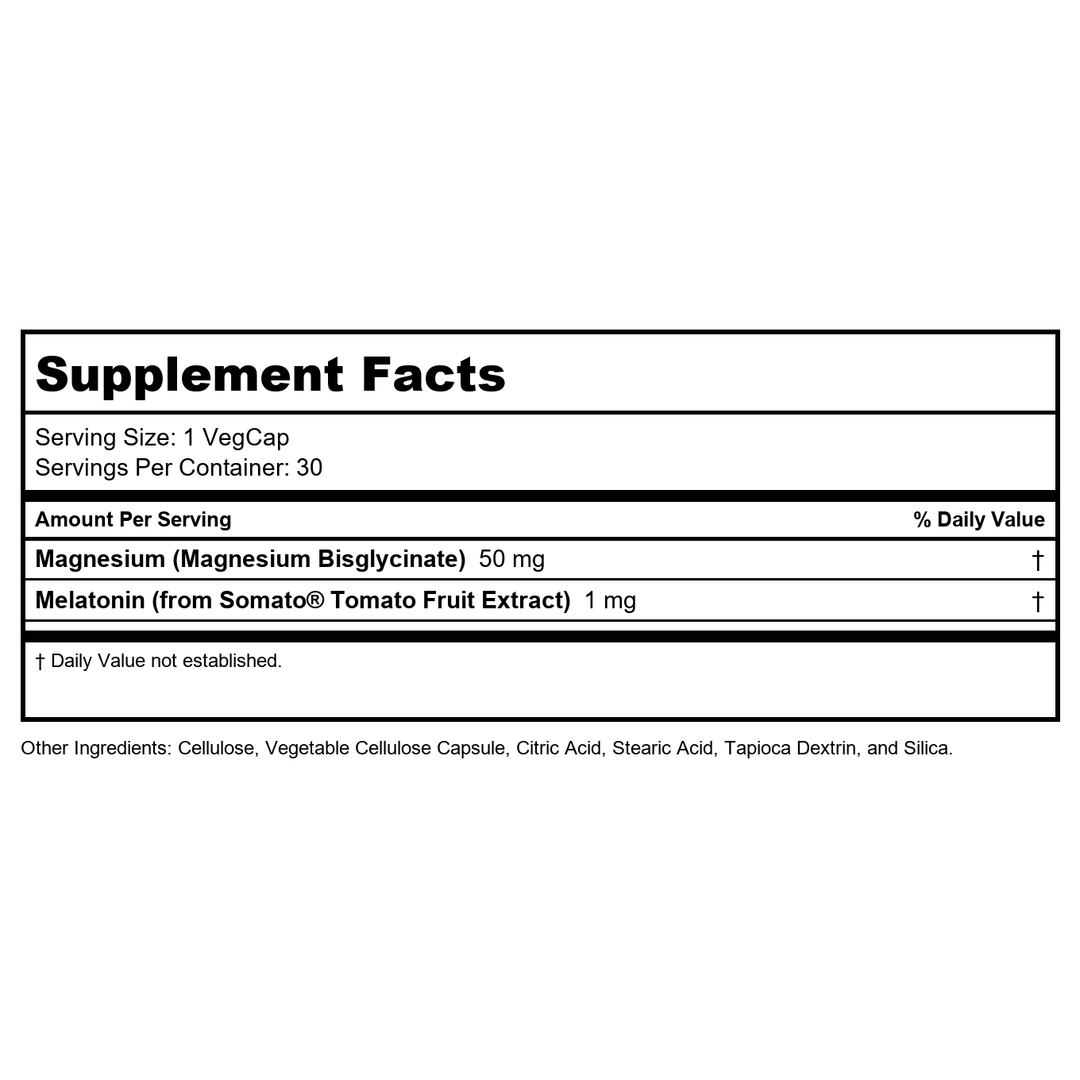 Solaray SleepMag – Magnesium Glycinate &amp; Melatonin 1 mg Sleep Aid - Relaxation &amp; Restful Sleep Support – Plant-Based Melatonin and Magnesium Bisglycinate, Vegan, Gluten Free – 30 Servings, 30 VegCaps - Supplement Facts panel