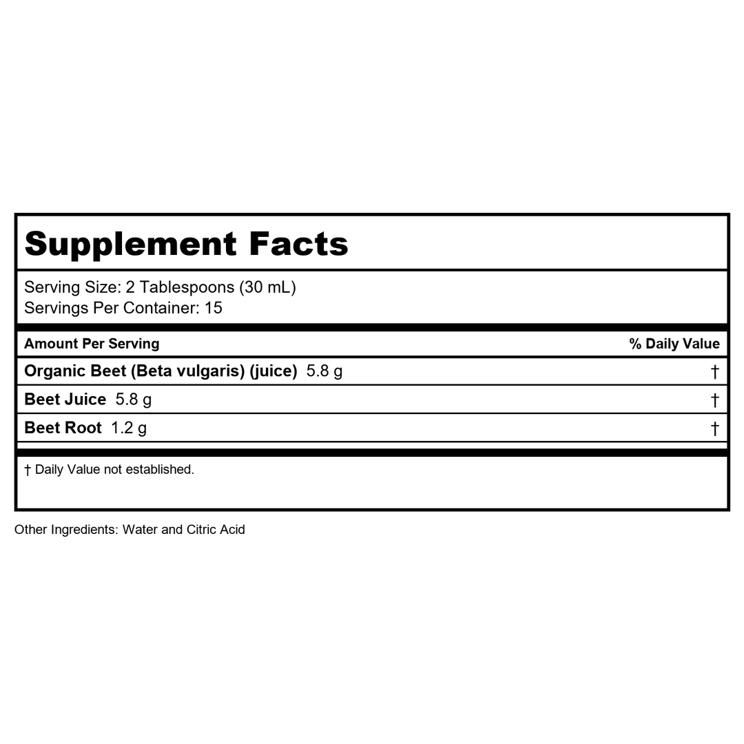 SOLARAY Organic Beet Root Juice from Concentrate - from Nutrient-Dense Organic Beets - No Added Sugar - Vegan, Gluten Free, Lab Verified, 60-Day Guarantee - 16oz, 15 Servings - Supplement Facts panel