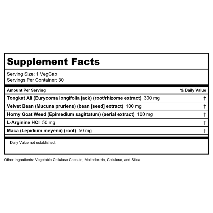 SOLARAY Libido Support for Men - Sexual Health, Nitric Oxide Precursor - Tongkat Ali Extract, L Arginine, Horny Goat Weed - 60 Day Money-Back Guarantee, 30 Servings, 30 VegCaps - Supplement Facts panel