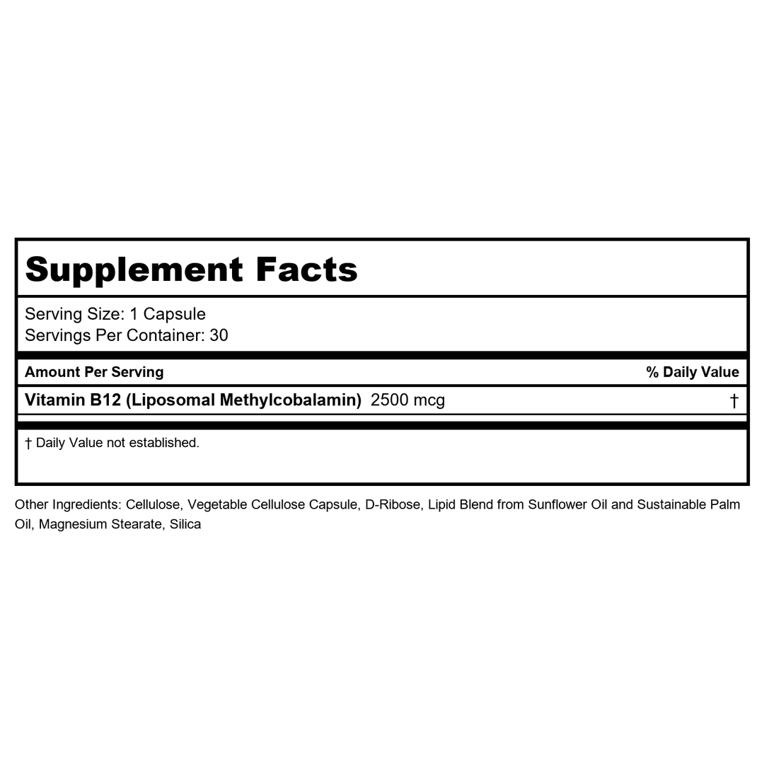 KAL Liposomal Vitamin B12 2500 mcg, High Absorption, Liposomal Technology, Cellular Energy Support, Vegan Capsules, Gluten Free, Made Without Soy, 30 Servings - Supplement Facts panel