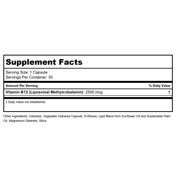 KAL Liposomal Vitamin B12 2500 mcg, High Absorption, Liposomal Technology, Cellular Energy Support, Vegan Capsules, Gluten Free, Made Without Soy, 30 Servings - Supplement Facts panel