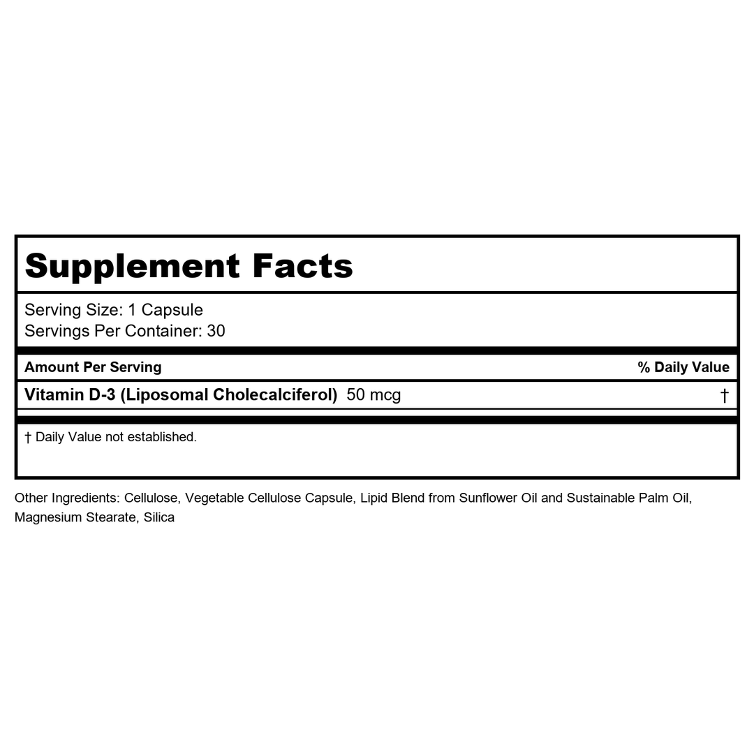 KAL Liposomal Vitamin D3 50 mcg, High Absorption Vitamin D, Liposomal Technology, High Potency Immune Support, Vegan Capsules, Gluten Free, No Soy, 30 Servings - Supplement Facts panel