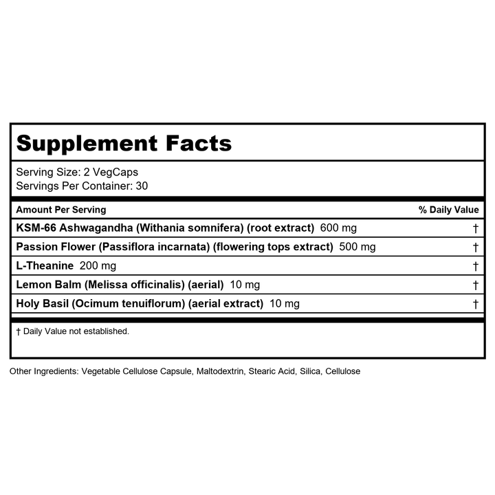 Natural Balance Happy Camper Plus - Supports Relaxation, Mental Energy, Occasional Stress w/KSM-66 Ashwagandha, L Theanine 200mg, Passion Flower, Lemon Balm, Holy Basil, 60-Day Guarantee, 30 Servings - Supplement Facts panel