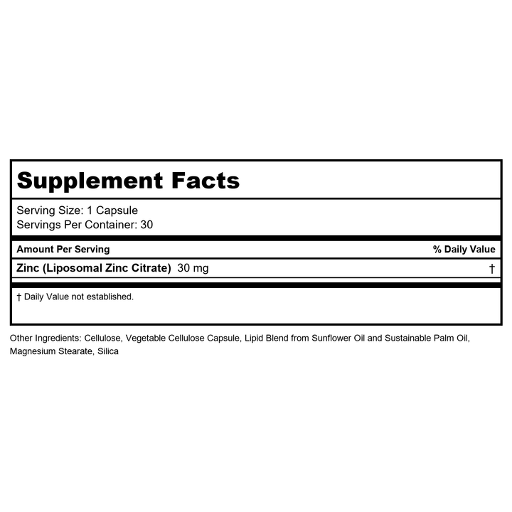 KAL Liposomal Zinc 30mg, Cellular Function and Immune Support Supplement, Enhanced Absorption Zinc Supplements, Vegan, Gluten Free, Soy Free, 30 Servings, 30 VegCaps - Supplement Facts panel