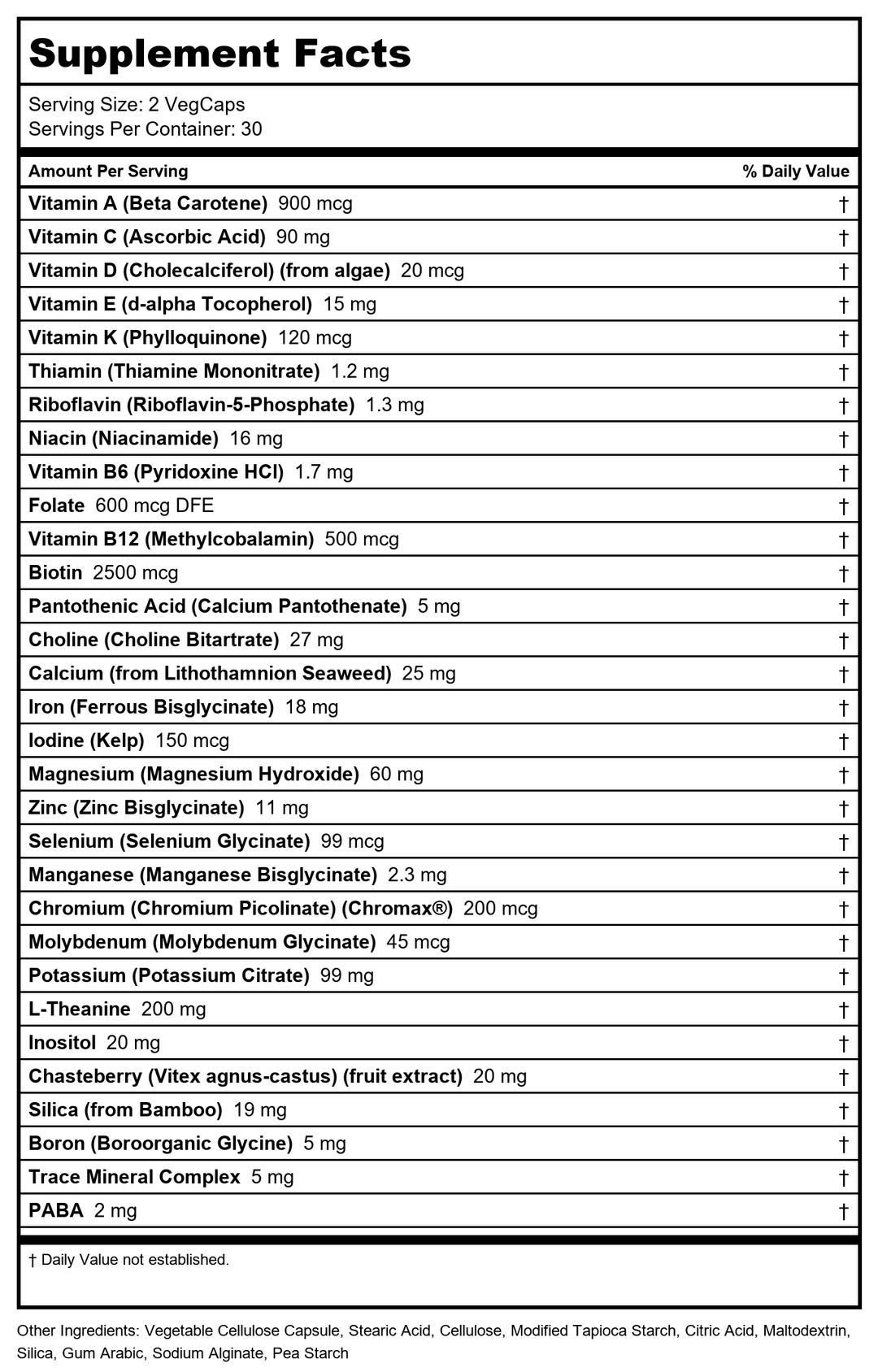 KAL Women’s 18 Plus Multivitamin – Iron Supplement and Multivitamin for Women with Vitamin D and Vitamin C - Support for PMS, Cellular Energy, Mood, Immune Health – 30 Servings, 60 VegCaps - Supplement Facts panel
