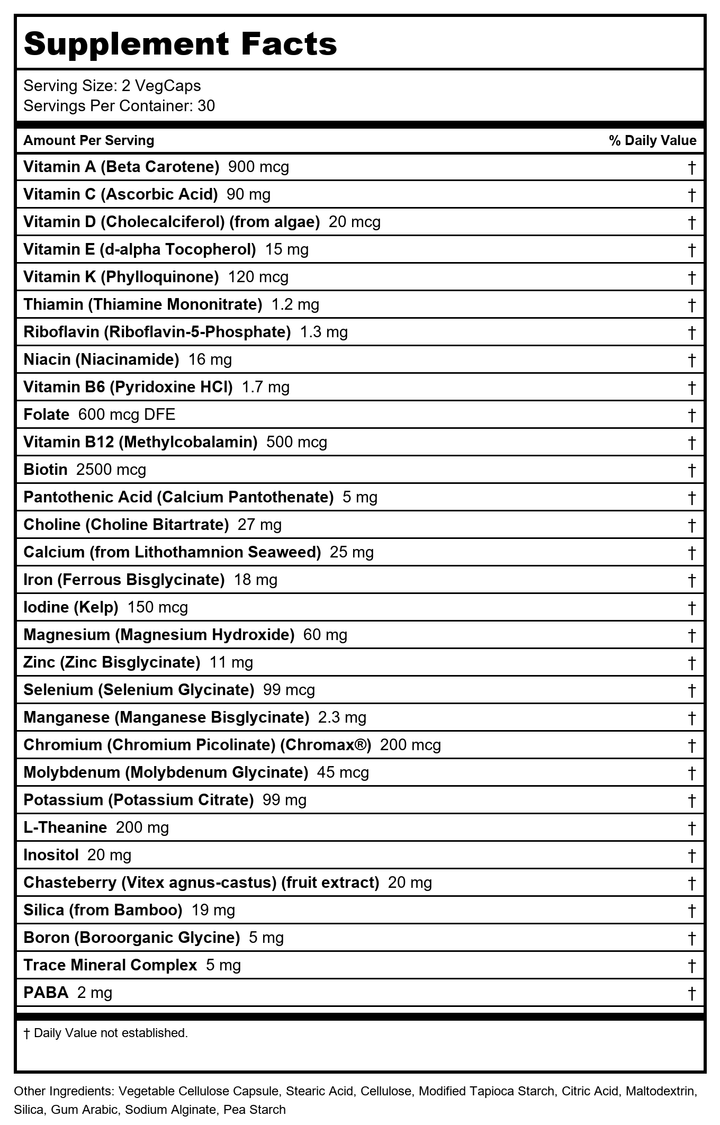KAL Women’s 18 Plus Multivitamin – Iron Supplement and Multivitamin for Women with Vitamin D and Vitamin C - Support for PMS, Cellular Energy, Mood, Immune Health – 30 Servings, 60 VegCaps - Supplement Facts panel