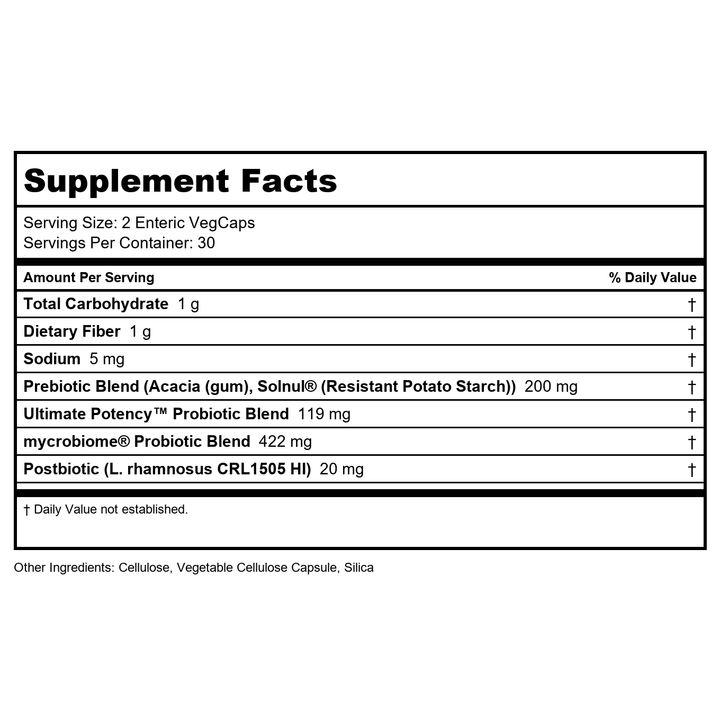 SOLARAY Mycrobiome Complete Probiotic Ultimate Potency - Pre and Probiotics for Women and Men Plus Postbiotic - 100 Billion CFU, 34 Strains - Vegan - 30 Servings, 60 VegCaps - Supplement Facts panel