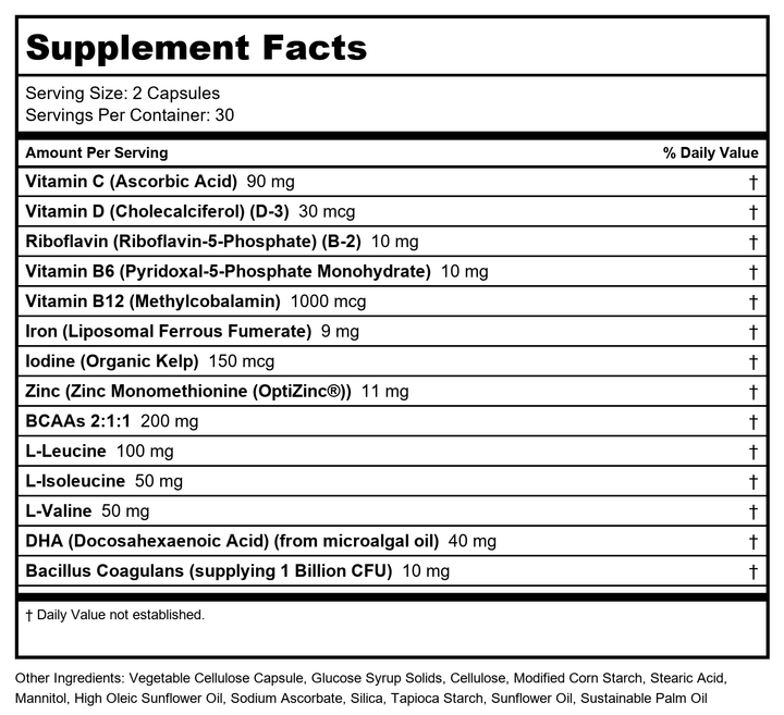 Zhou Vegan Multivitamin for Women &amp; Men, Daily Vegan Supplement, Essential Multi Vitamin with Iron &amp; Zinc for Energy, Vitality, Immune Support, &amp; Whole Body Health - 60 Veg Caps - Supplement Facts panel