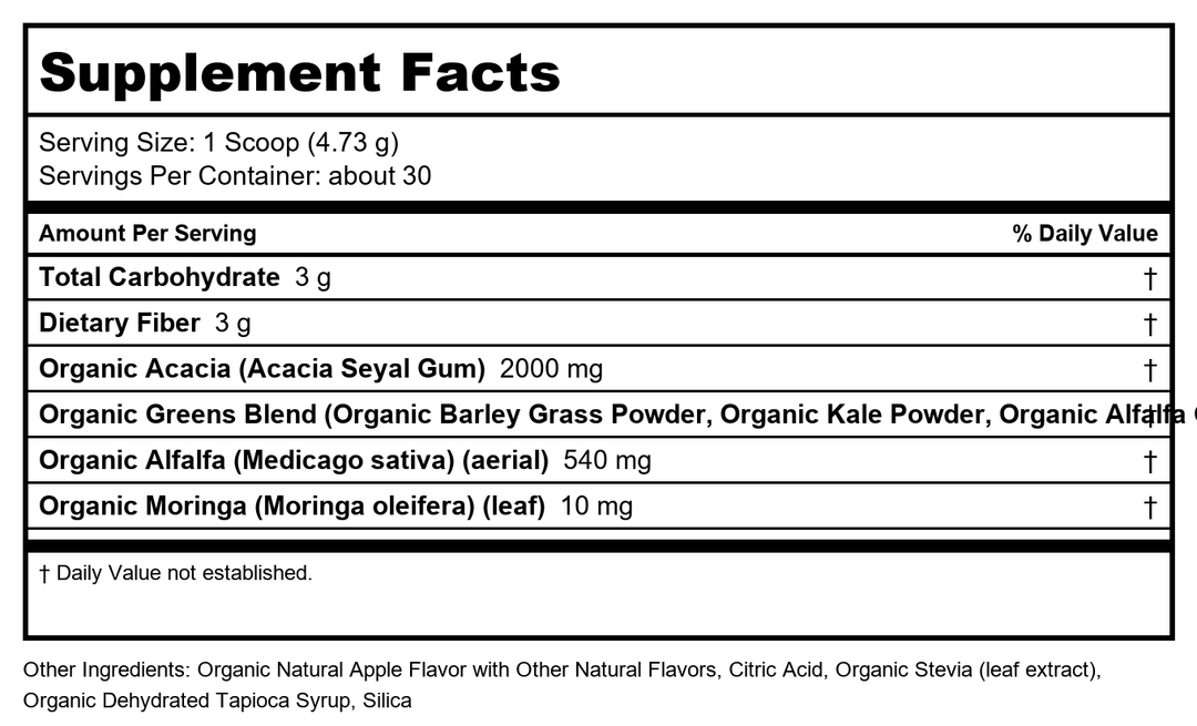 Zhou Organic Daily Greens Powder - Greens Superfood Powder for Juice, Smoothie, Super Food Drink Mix with Spirulina &amp; Kale, Vegetables Supplement - Green Apple Flavor, 5 oz (30 Servings) - Supplement Facts panel