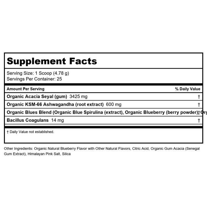 Zhou Daily Blues - Blue Spirulina Powder Organic, Blue Algae Energy Superfood Supplement for Smoothie, Vegan Drink Mix - Blueberry Flavor, 4.22 oz (25 Servings) - Supplement Facts panel
