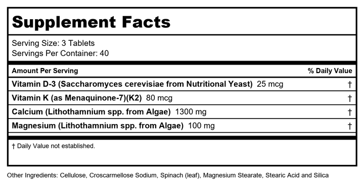 Zhou Calcium Greens - Calcium Supplements for Women &amp; Men, Bone Strength Support Supplement with Vitamin D3, Bone Support with Algae &amp; Vitamin K2 &amp; D, Plant Based - 120 Tablets - Supplement Facts panel